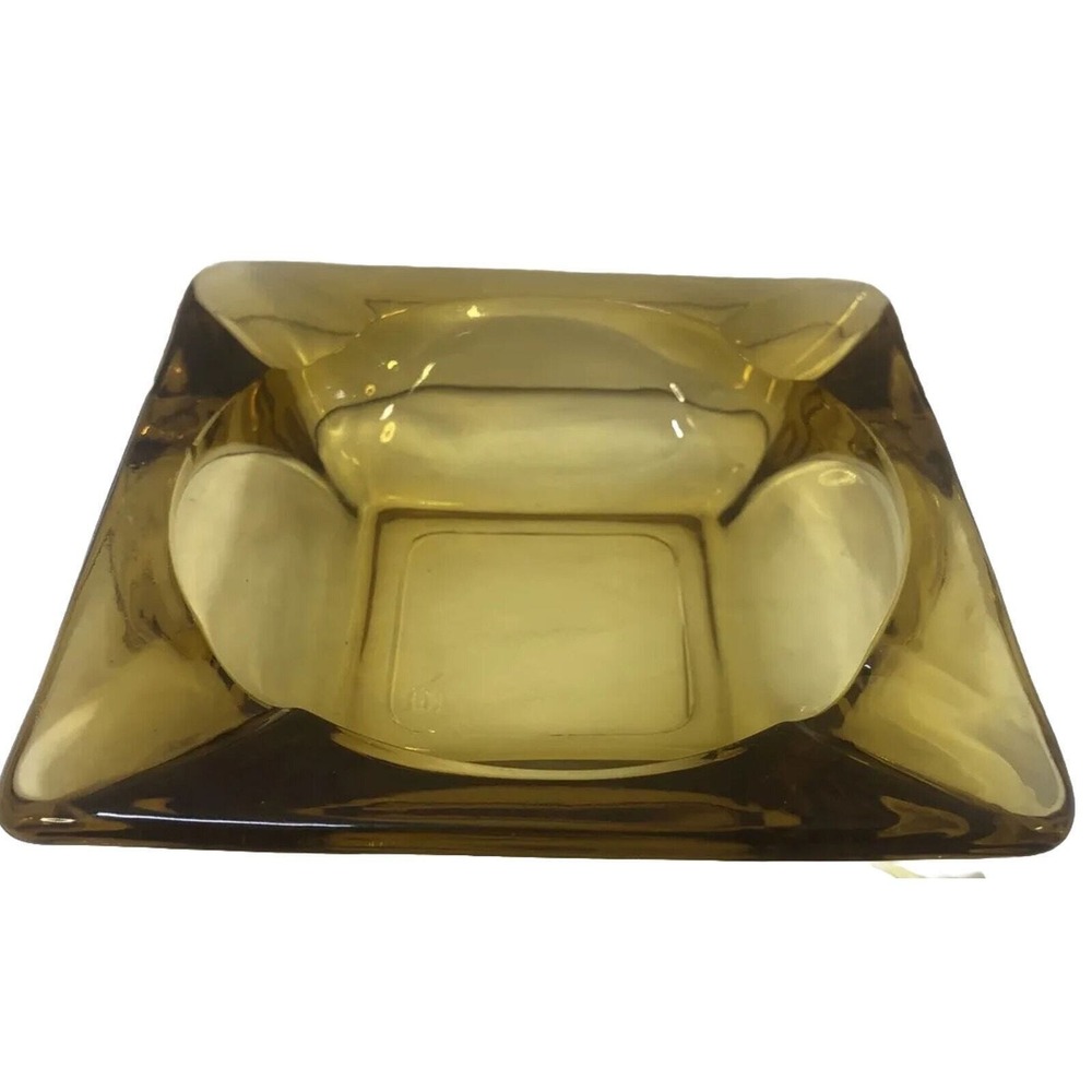 Ashtray Glass Cigar Cigarette Anchor Hocking Amber Yellow 4 Slot 4.75" Square‎